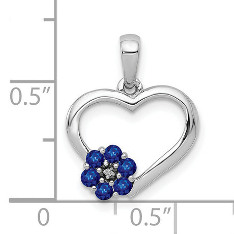 10k White Gold Heart Pendant with Sapphire Flower and Diamond Accent for Women