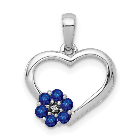 10k White Gold Heart Pendant with Sapphire Flower and Diamond Accent for Women