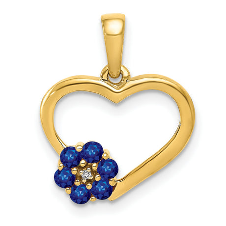 10k Yellow Gold Heart Pendant with Blue Sapphire Floral Design and Diamond Accent