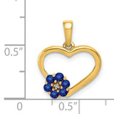 14k Yellow Gold Heart Pendant with Blue Sapphire Flower and Diamond Accent, Open Floral Design