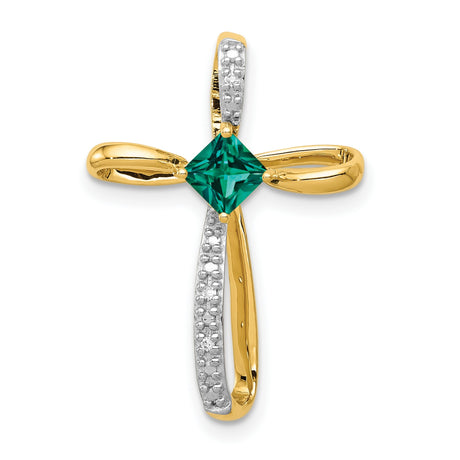 10k Multi-Tone Gold Cross Pendant with Lab Created Emerald and Diamond Accents