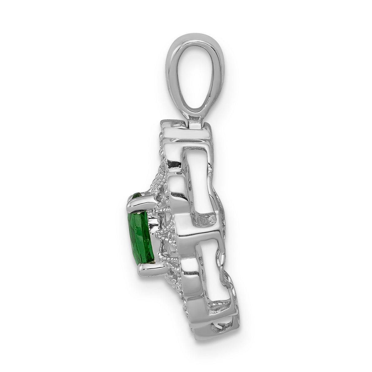 Fancy Diamond and Oval Emerald Charm Pendant in Real 14k White Gold