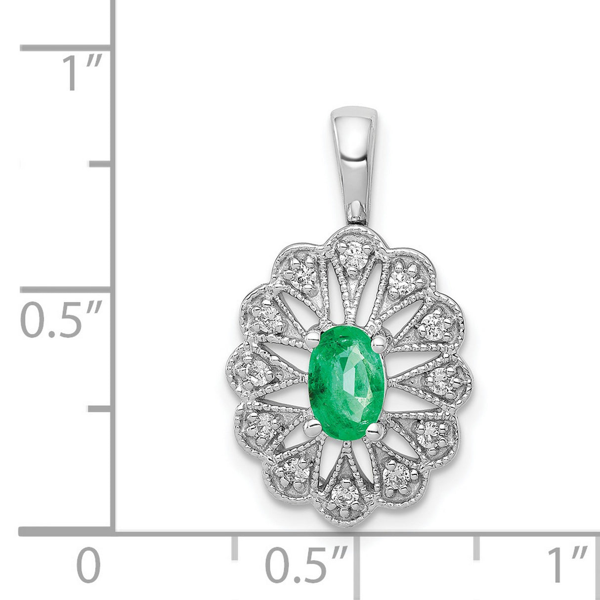 Fancy Diamond and Oval Emerald Charm Pendant in Real 14k White Gold