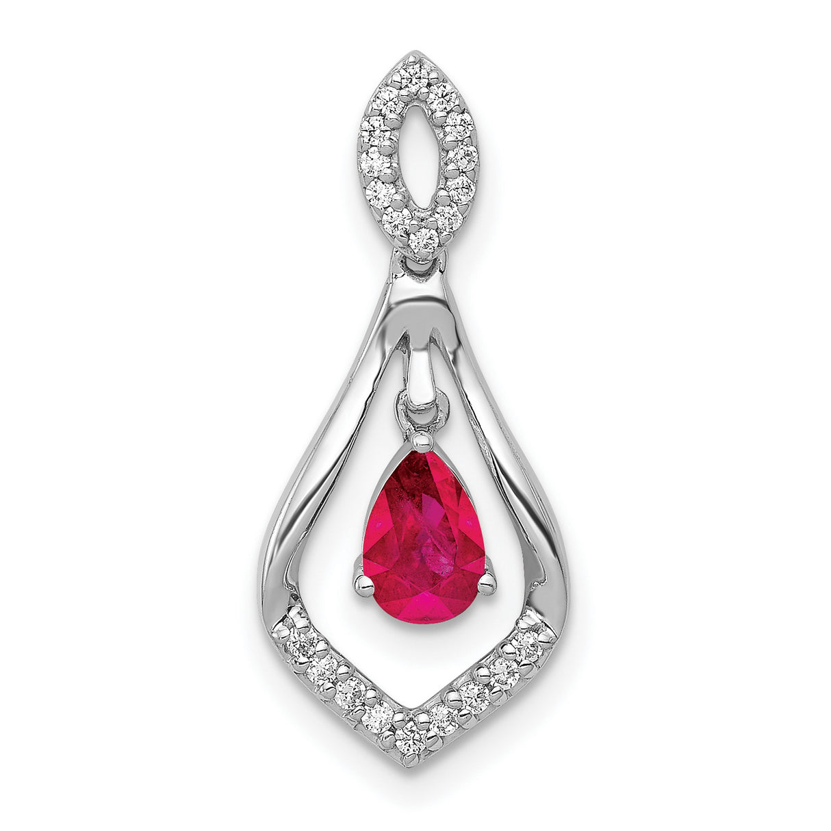 Diamond and Ruby Teardrop Dangle Charm Pendant in Real 14k White Gold