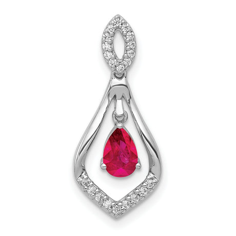 Diamond and Ruby Teardrop Dangle Charm Pendant in Real 14k White Gold
