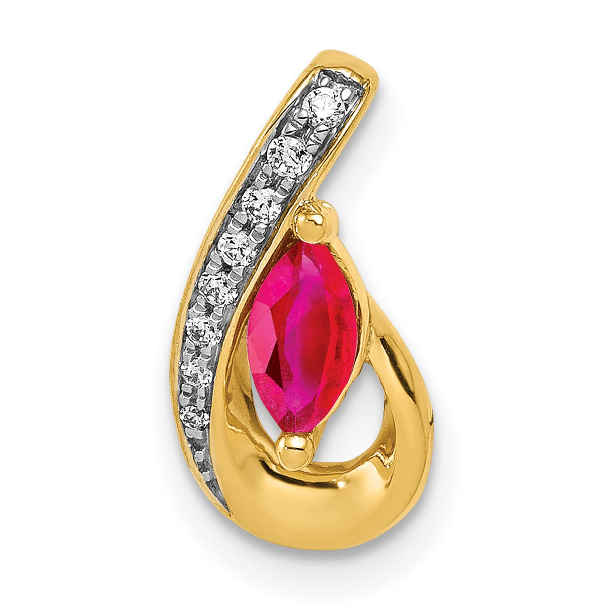 14k Yellow Gold Ruby Pendant with Diamond Accents, Marquise Swirl Design Charm for Women