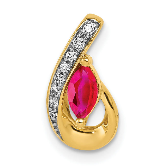 14k Yellow Gold Ruby Pendant with Diamond Accents, Marquise Swirl Design Charm for Women