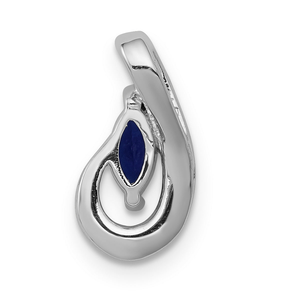 14k White Gold Pendant with Marquise Cut Blue Sapphire and Diamond Swirl Teardrop Design