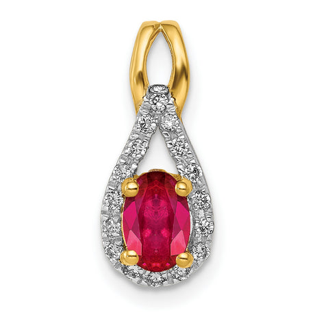 Diamond and Oval .50 Ruby Charm Pendant in Real 14k Yellow Gold