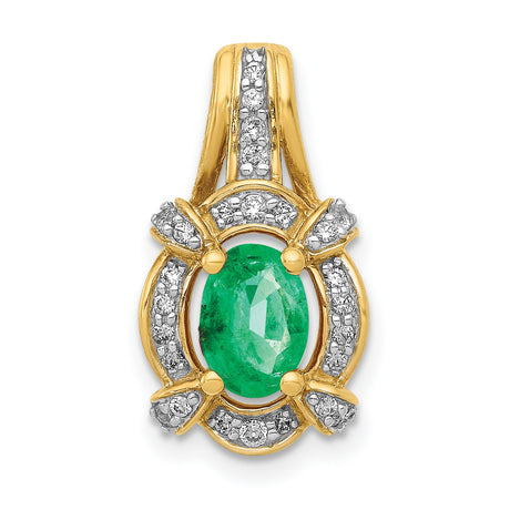 Fancy Diamond and Oval Emerald Charm Pendant in Real 14k Yellow Gold