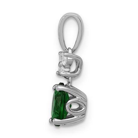 Diamond and Oval Emerald Charm Pendant in Real 14k White Gold