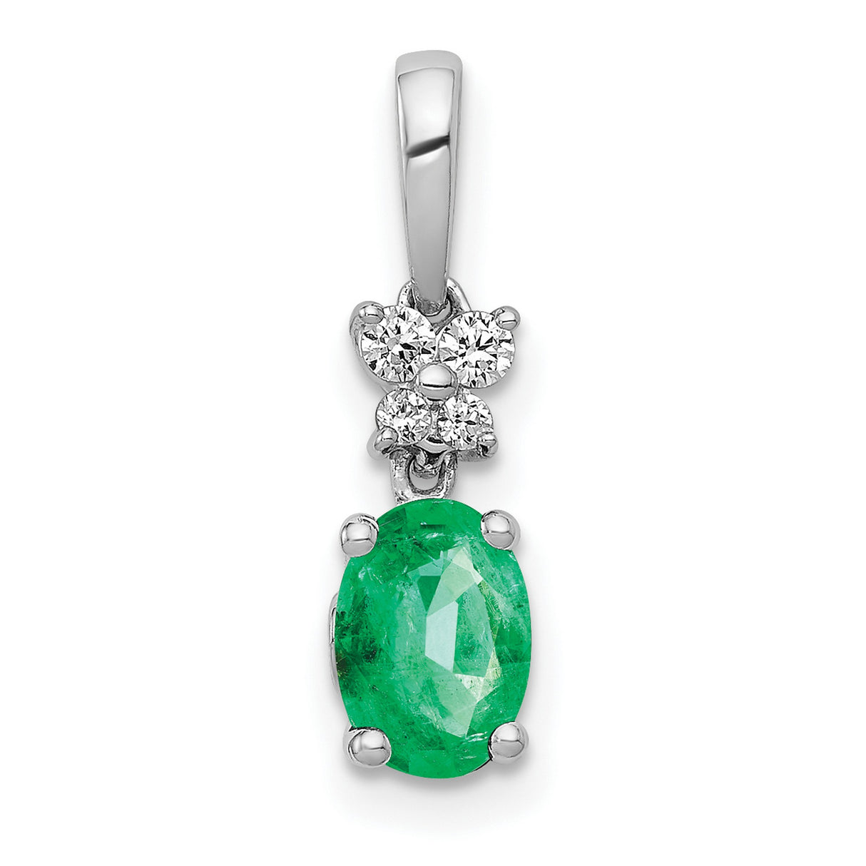 Diamond and Oval Emerald Charm Pendant in Real 14k White Gold