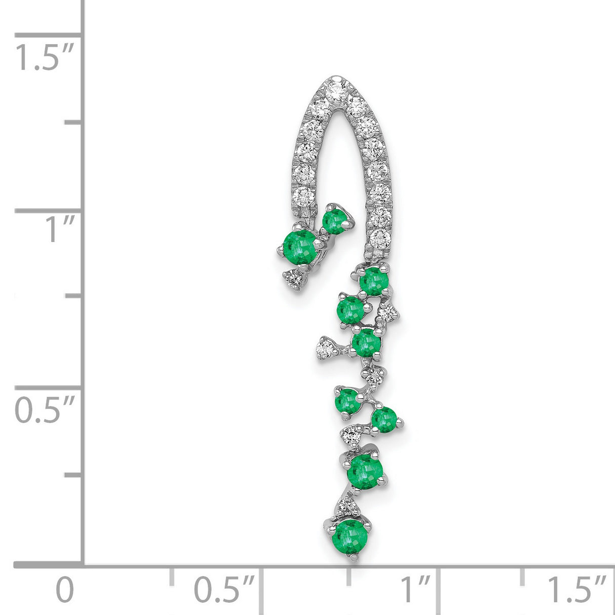 14k White Gold Pendant with Emeralds and Diamonds, Curved Cascading Nature-Inspired Design