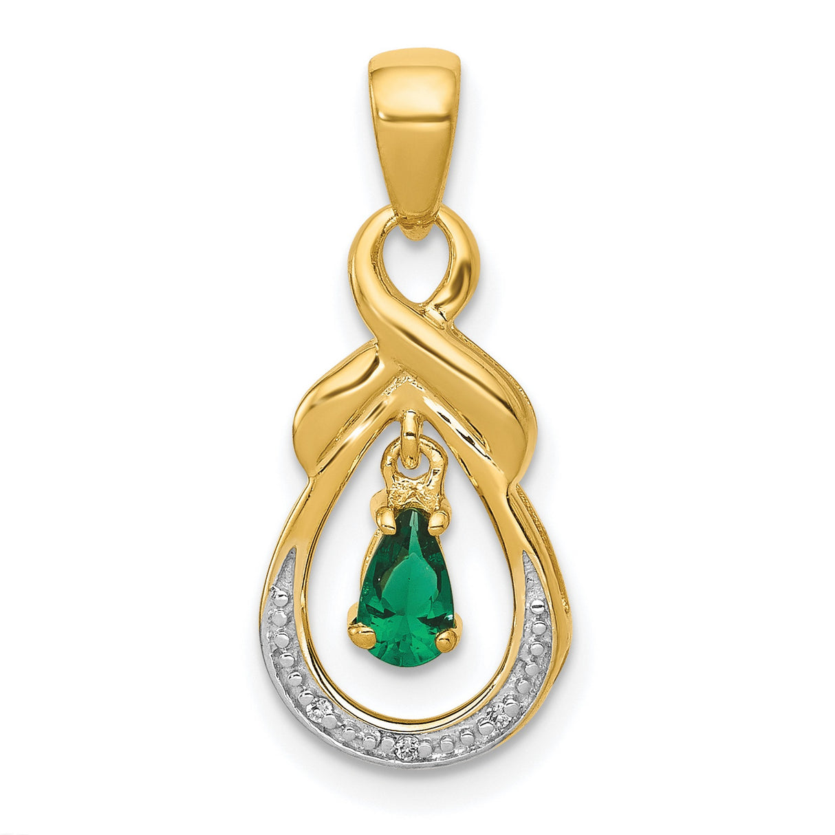 10k Yellow Gold Pendant with Pear Shaped Emerald and Diamond Accent, Infinity Loop Design