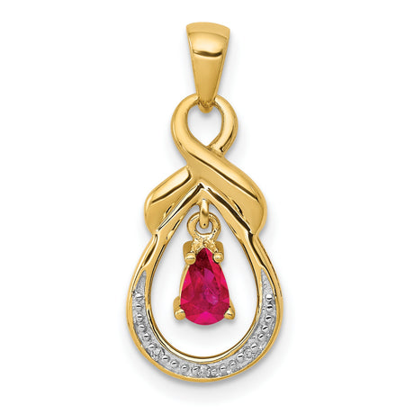 Pear Ruby and Diamond Dangle Charm Pendant in Real 10k Yellow Gold