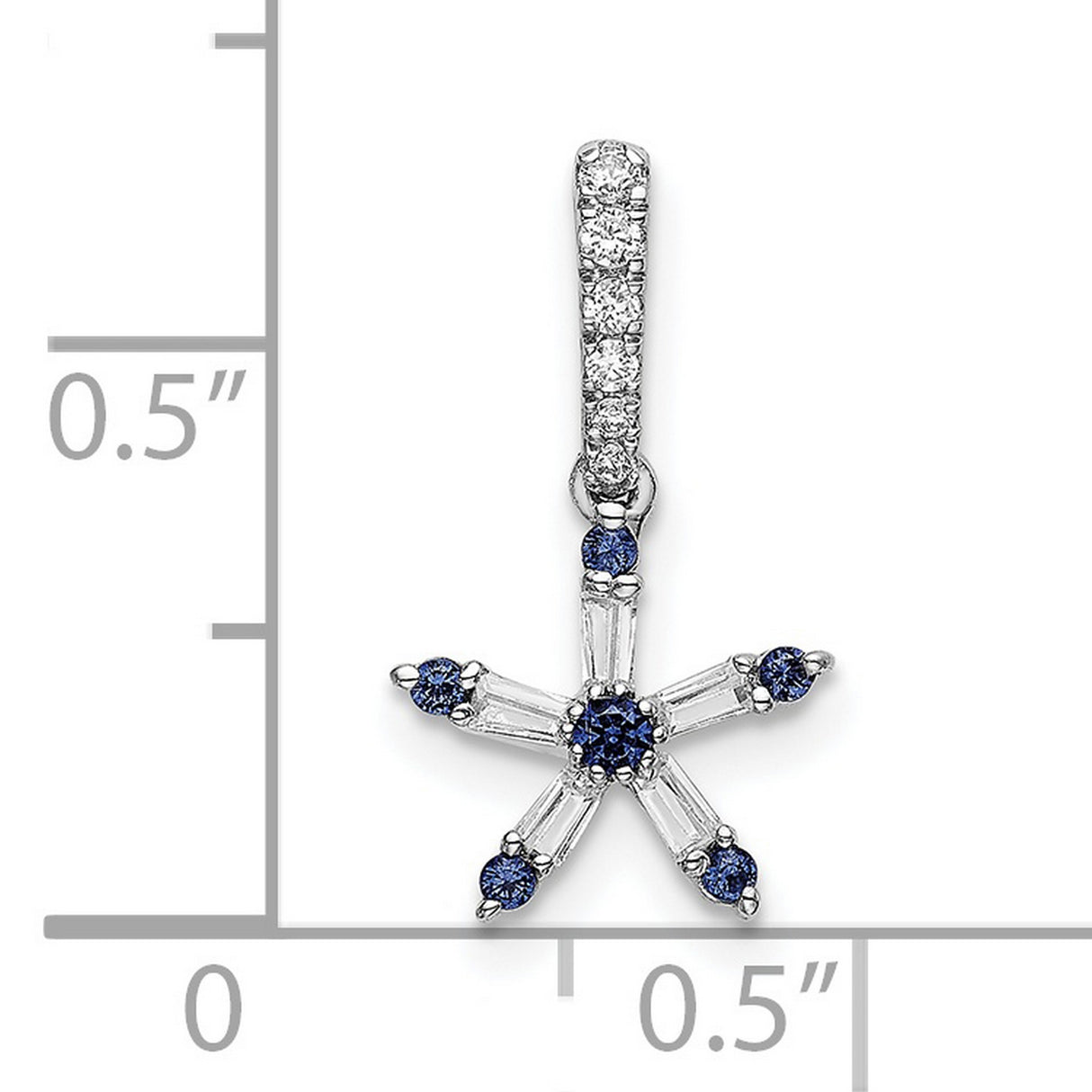 14k White Gold Starburst Pendant with Sapphire and Baguette Diamond Accents, Celestial Charm Design