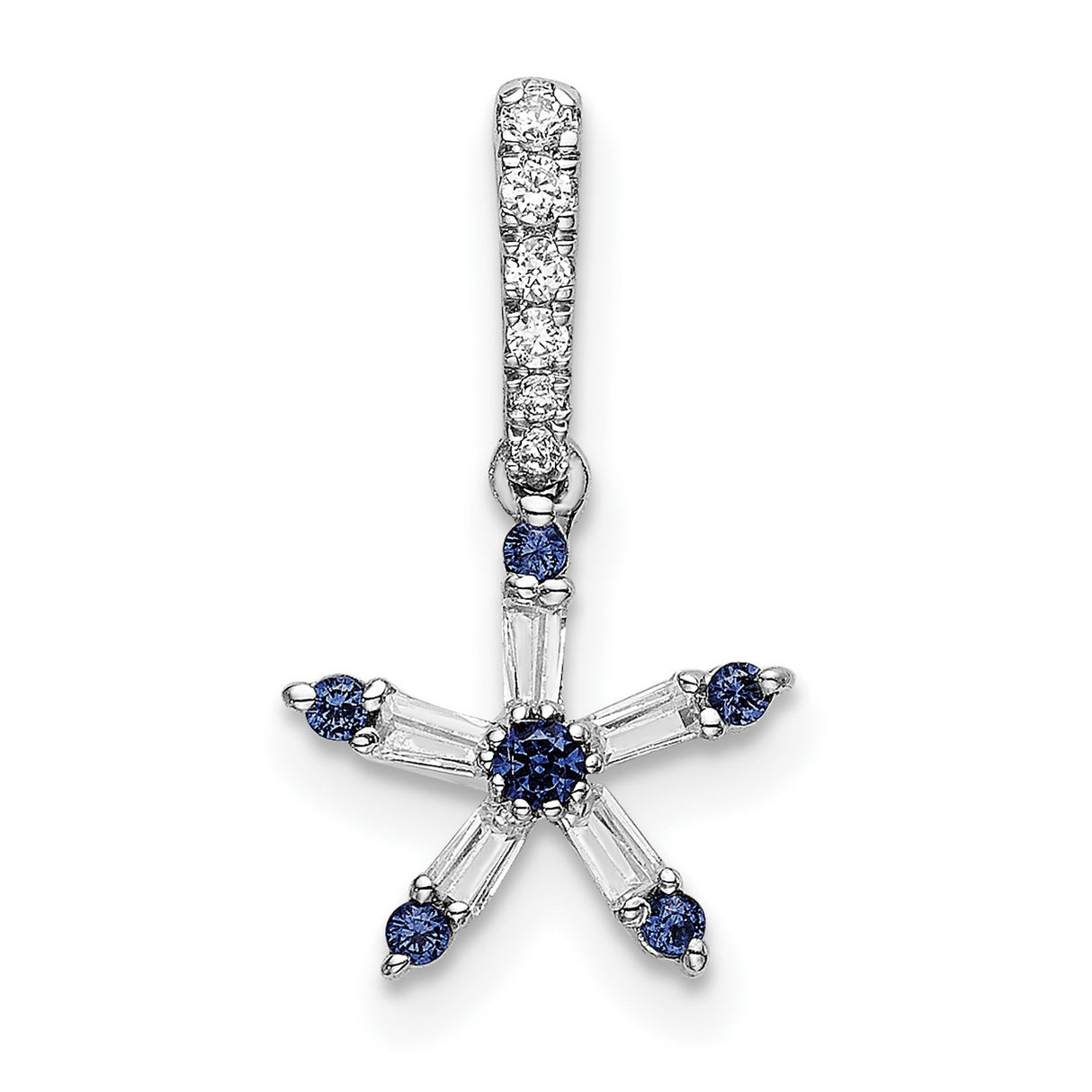 14k White Gold Starburst Pendant with Sapphire and Baguette Diamond Accents, Celestial Charm Design