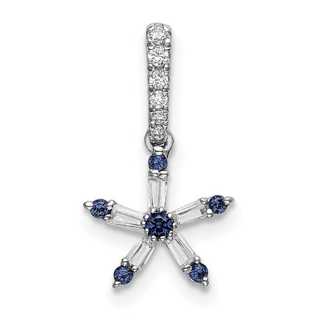 14k White Gold Starburst Pendant with Sapphire and Baguette Diamond Accents, Celestial Charm Design
