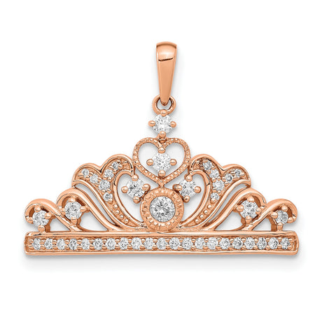 14k Rose Gold Tiara Pendant with Diamonds, Regal Crown Design and Heart Detail for Women