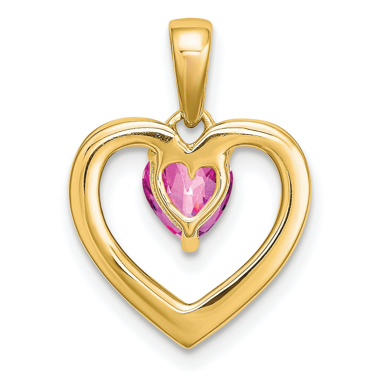 14k Yellow Gold Heart Pendant with Pink Sapphire and Diamonds Accents, Romantic Open Heart Design