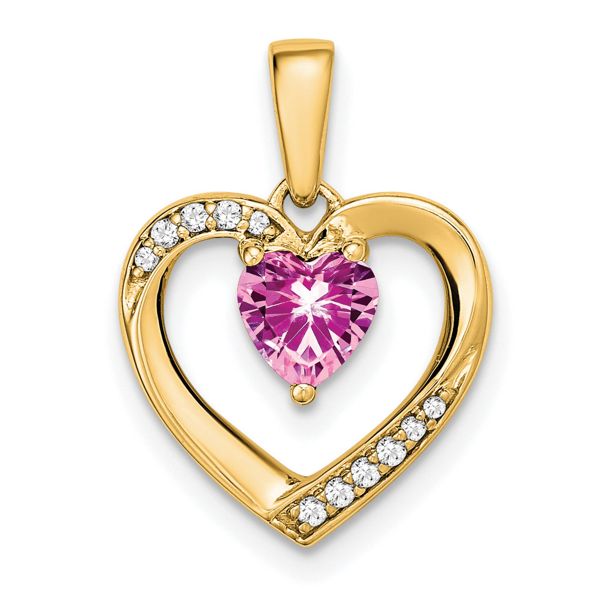14k Yellow Gold Heart Pendant with Pink Sapphire and Cubic Zirconia Accents, Romantic Open Heart Design