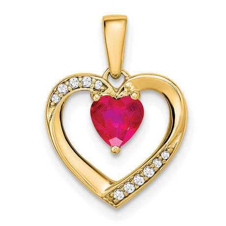 14k Yellow Gold Heart Pendant with Red Ruby and Diamond Accents, Romantic Jewelry for Women