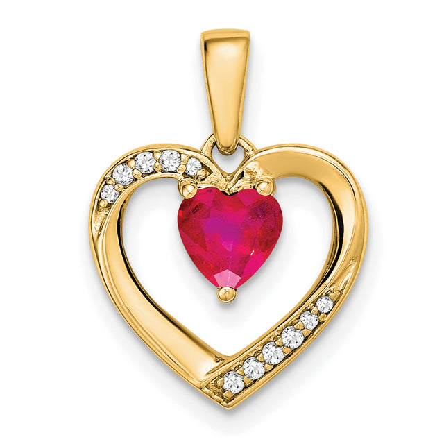 14k Yellow Gold Heart Pendant with Red Ruby and Diamond Accents, Romantic Jewelry for Women