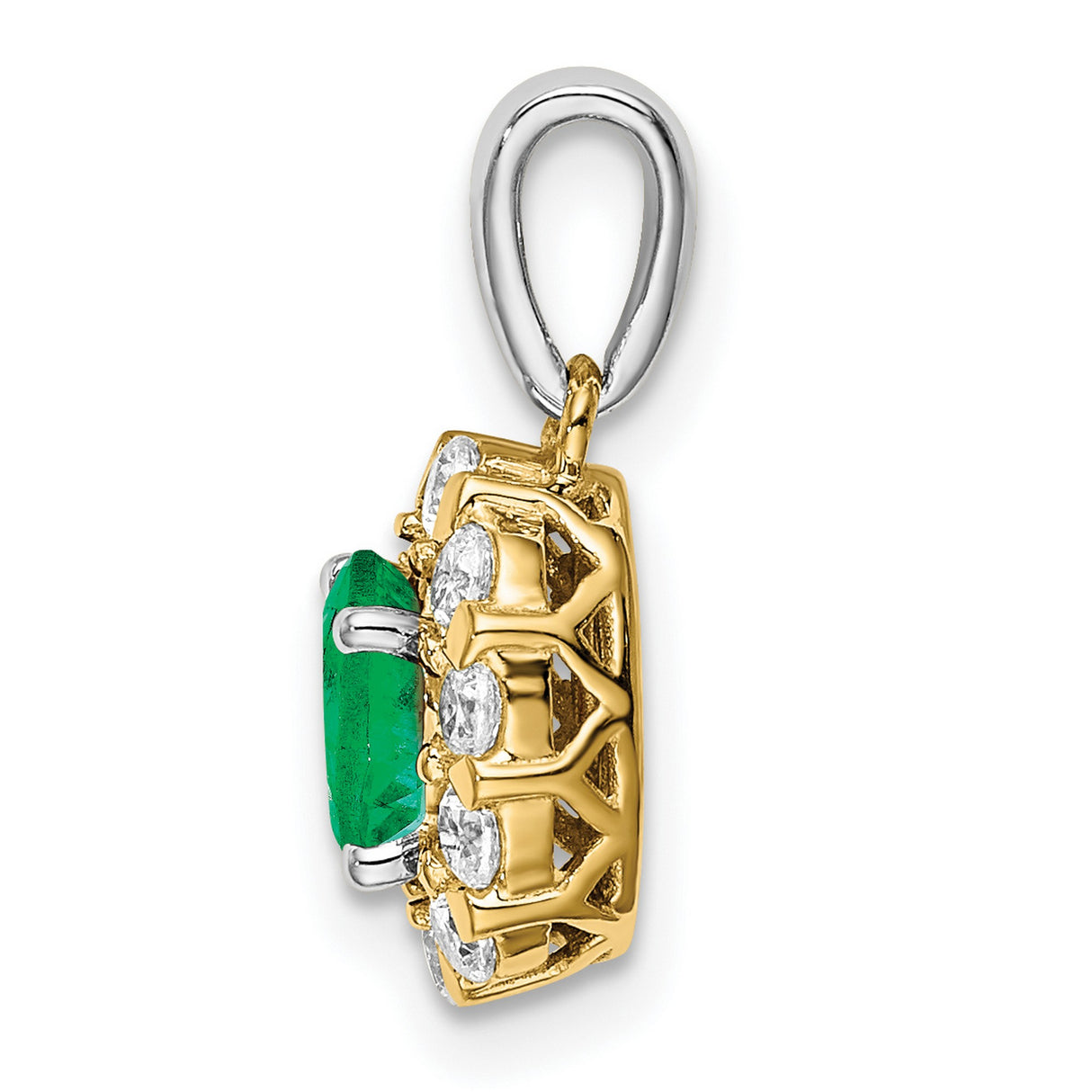 14k Two-Tone Gold Pendant with Oval-Cut Emerald and Diamond Halo, Floral Design