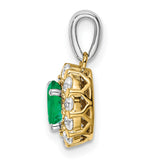 14k Two-Tone Gold Pendant with Oval-Cut Emerald and Diamond Halo, Floral Design