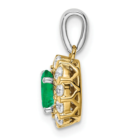 14k Two-Tone Gold Pendant with Oval-Cut Emerald and Diamond Halo, Floral Design