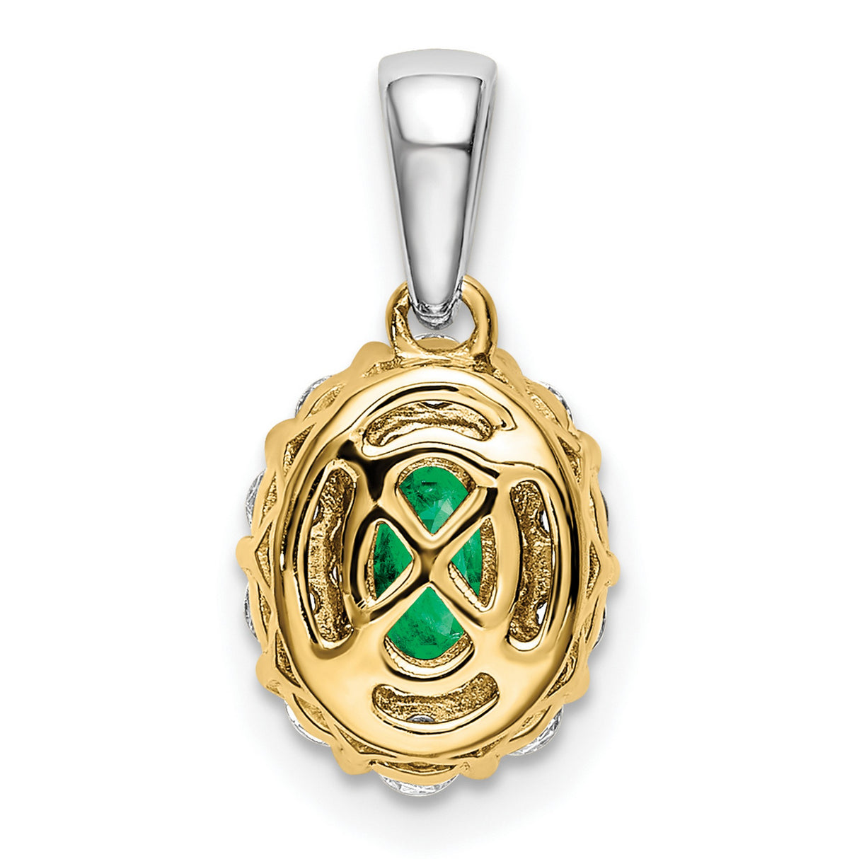 14k Two-Tone Gold Pendant with Oval-Cut Emerald and Diamond Halo, Floral Design