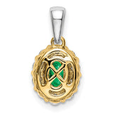 14k Two-Tone Gold Pendant with Oval-Cut Emerald and Diamond Halo, Floral Design