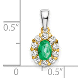 14k Two-Tone Gold Pendant with Oval-Cut Emerald and Diamond Halo, Floral Design