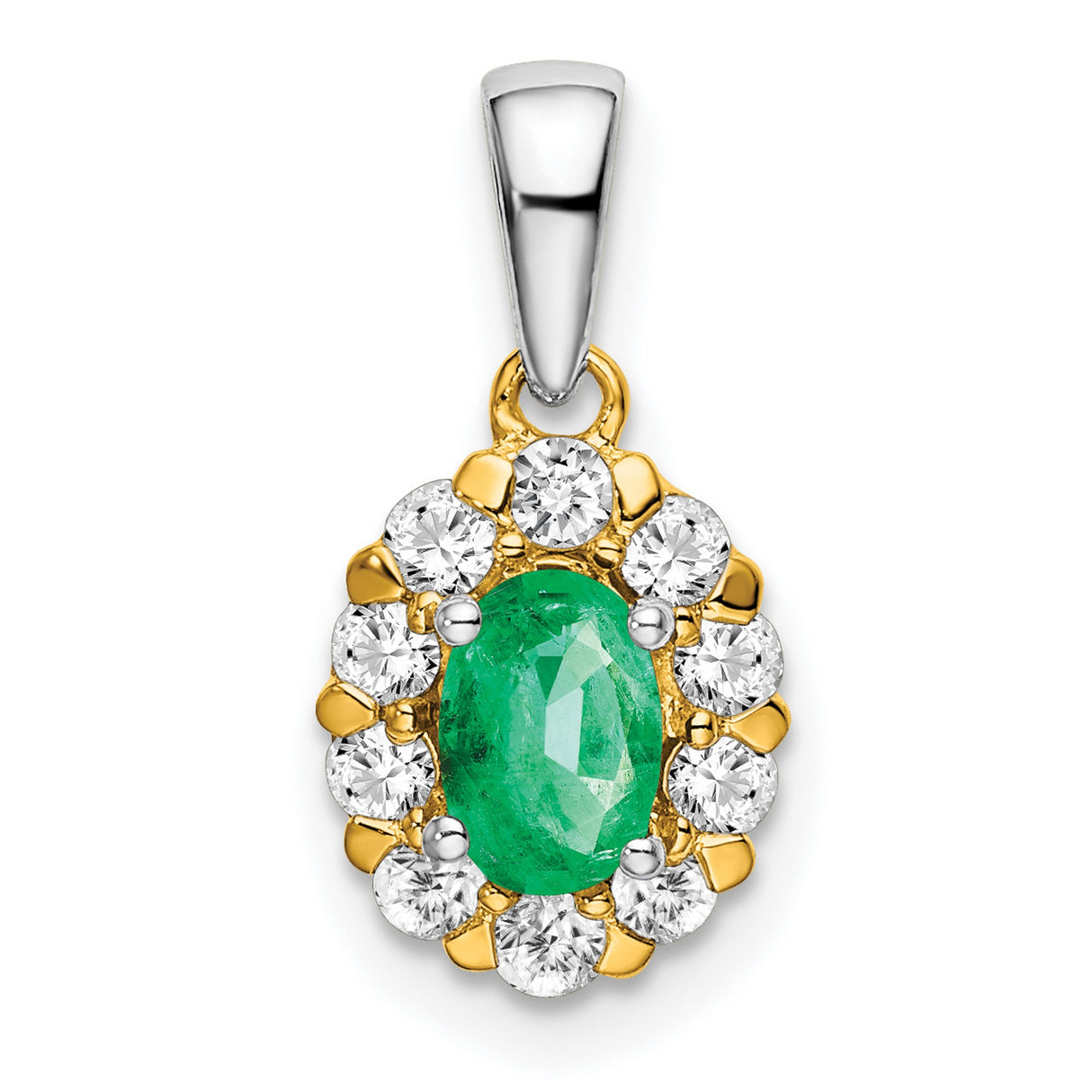 14k Two-Tone Gold Pendant with Oval-Cut Emerald and Diamond Halo, Floral Design