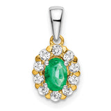 14k Two-Tone Gold Pendant with Oval-Cut Emerald and Diamond Halo, Floral Design