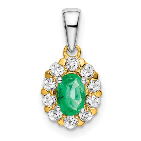 14k Two-Tone Gold Pendant with Oval-Cut Emerald and Diamond Halo, Floral Design