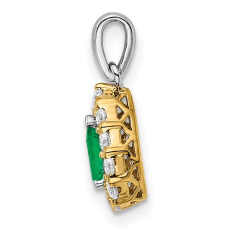 14k Two-Tone Gold Pendant with Pear-Shaped Emerald and Diamond Halo Design