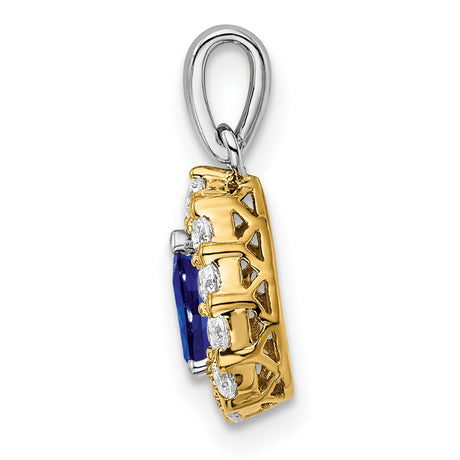 14k Two-Tone Gold Teardrop Pendant with Pear Shaped Blue Sapphire and Diamond Halo
