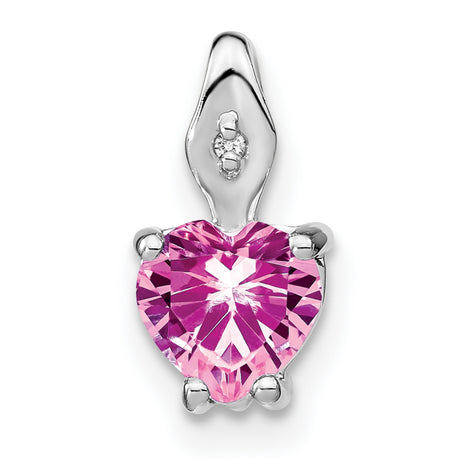 Heart Created Pink Sapphire and Diamond Charm Pendant in Real 14k White Gold