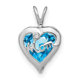 Blue Topaz and Diamond MOM Heart Charm Pendant in Real 14k White Gold