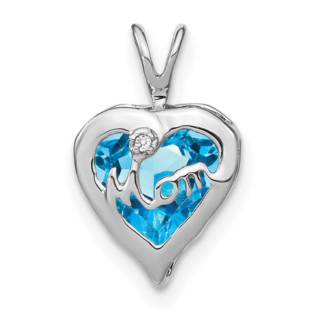 Blue Topaz and Diamond MOM Heart Charm Pendant in Real 14k White Gold