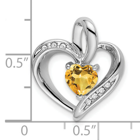 Citrine and Diamond Heart Charm Pendant in Real 10k White Gold