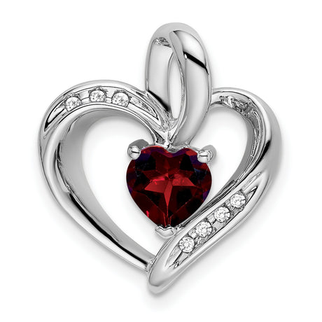10k White Gold Heart Pendant with Garnet and Diamond Accents, Open Heart Design for Women