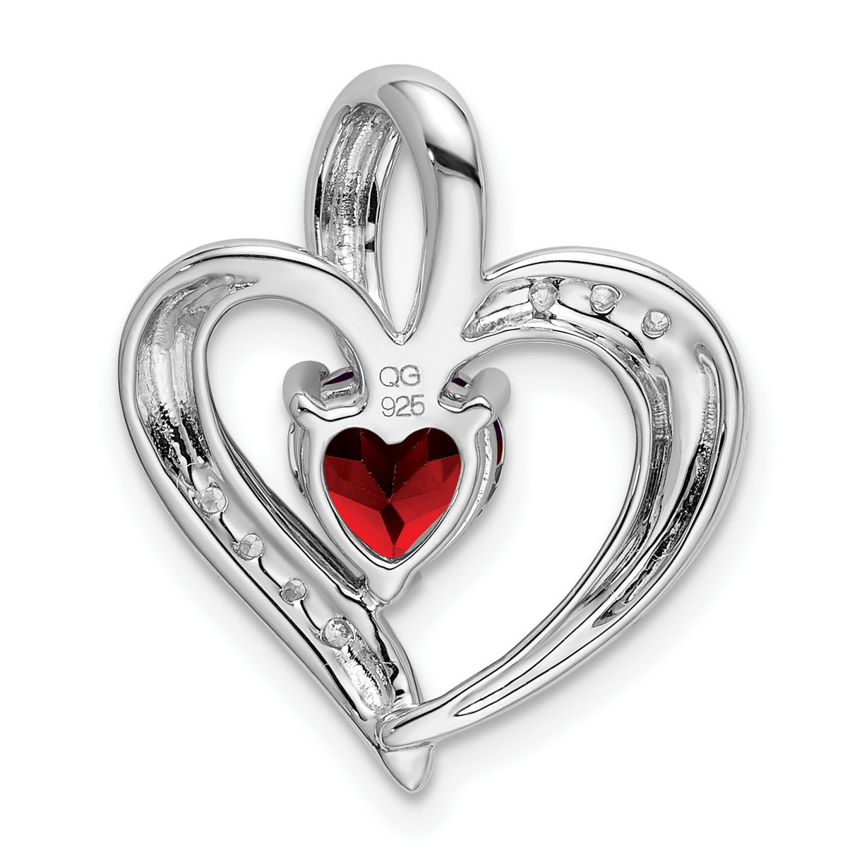 14k White Gold Heart Pendant with Garnet Center and Diamond Accents, Open Heart Design