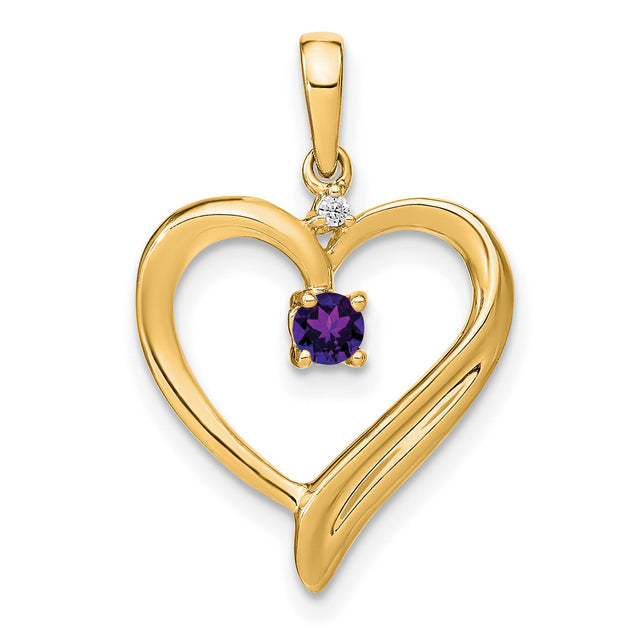 14k Yellow Gold Heart Pendant with Amethyst and Diamond Accent, Open Heart Charm for Women
