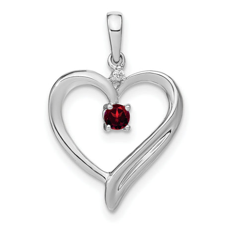 10k White Gold Heart Pendant with Garnet Center and Diamond Accent