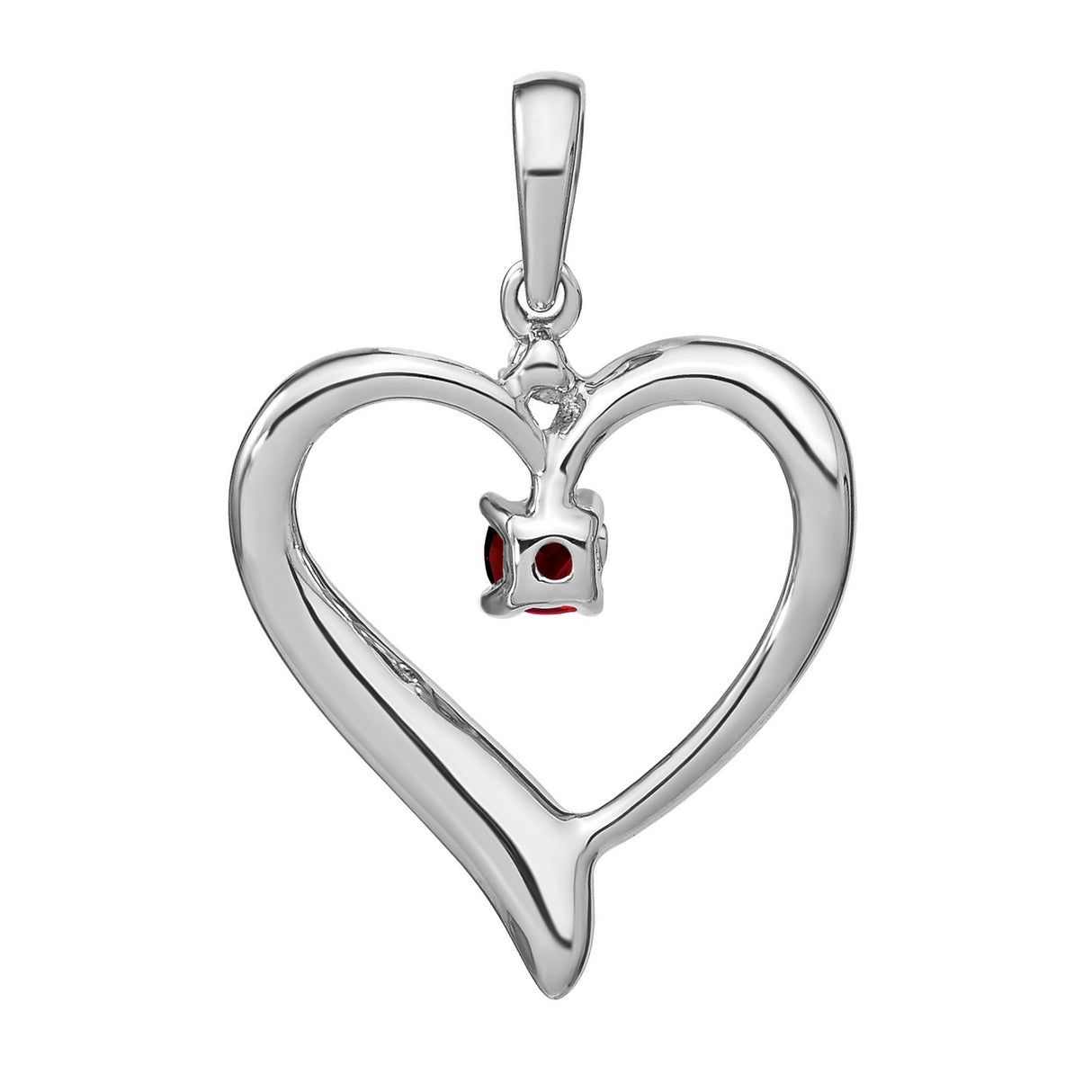 14k White Gold Heart Pendant with Garnet and Diamond, Romantic Open Heart Design
