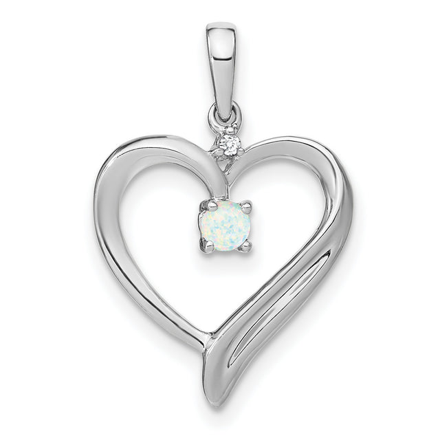 Created Opal and Diamond Heart Charm Pendant in Real 14k White Gold