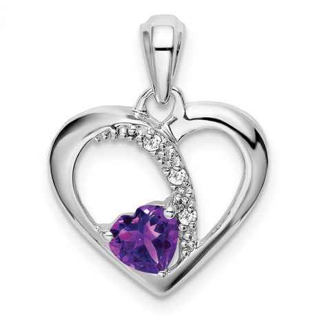 14k White Gold Heart Pendant with Amethyst and Diamond, Double Heart Design