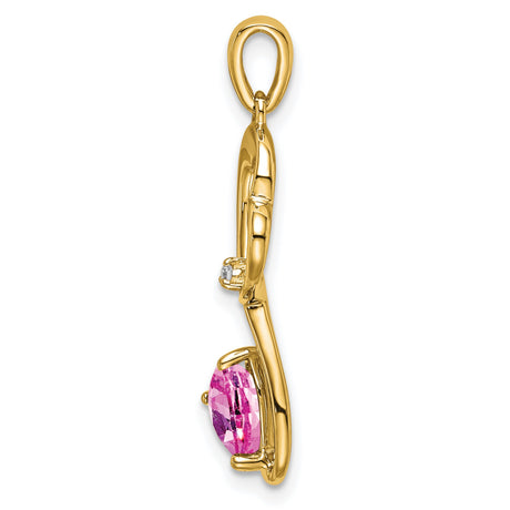 Created Pink Sapphire and Diamond Heart Charm Pendant in Real 14k Yellow Gold